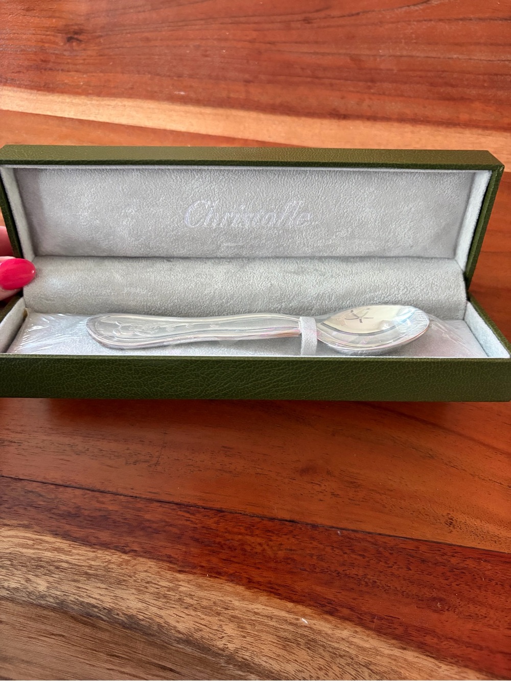 MINT New Christofle France Silver Plated Baby Spoon In Original Green Box